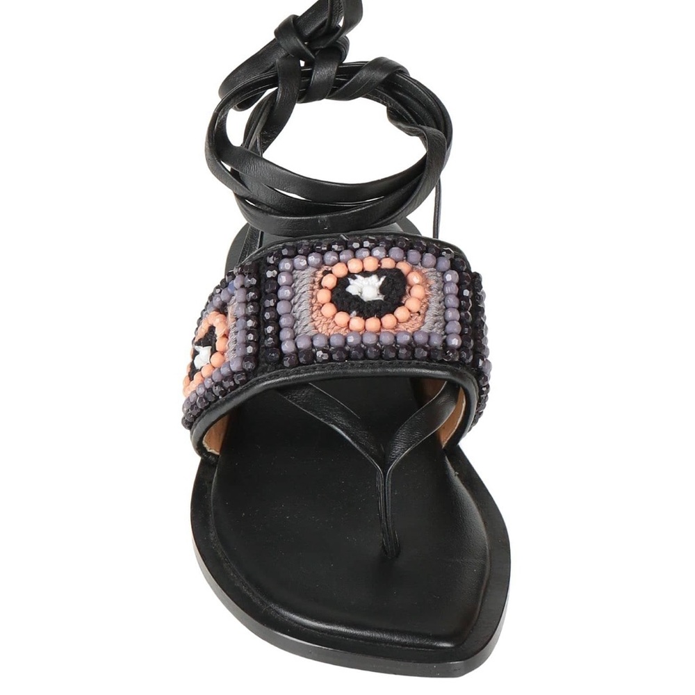 Coral Blue Brand New Beaded Black Flat Sandals Ankle Stripes Size 9US Italian 40